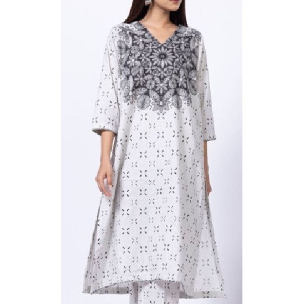 Khaadi Women's 100% Cotton Dobby Floral V-Neck 3/4 Sleeves Kurta Top - Sz 10